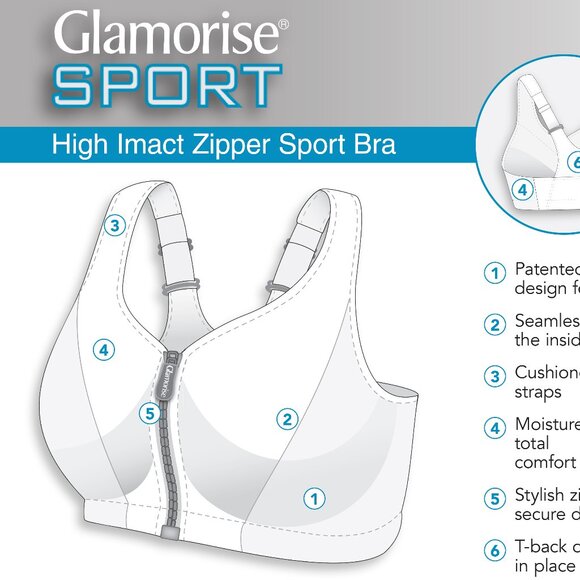 Set of 3! 32D Glamorise SPORT Bra (Racerback) T-Back Zip (HIGH-IMPACT) White NEW - Picture 12 of 16